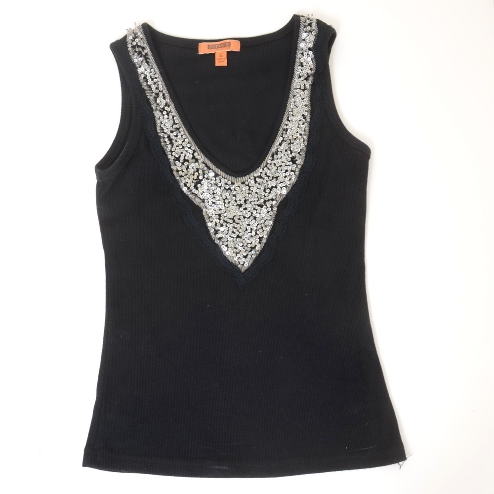 Vintage Y2K Ribbed Sequined Black Fitted Tank Top Layering Party Top Women's S
